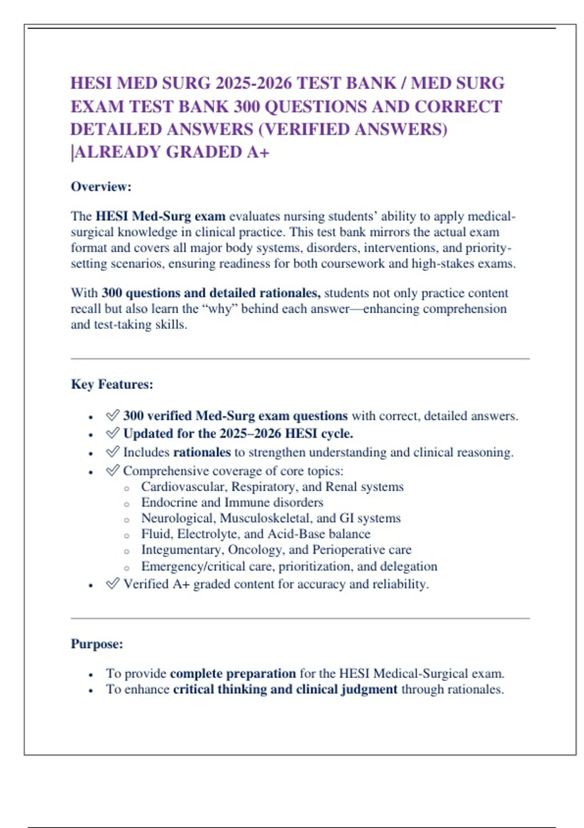 HESI MED SURG TEST BANK / MED SURG EXAM TEST BANK 300 QUESTIONS AND ...