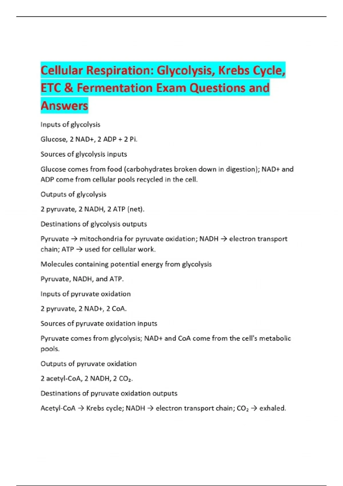 ETC & Fermentation Exam Questions and Answers - Cellular Respiration ...