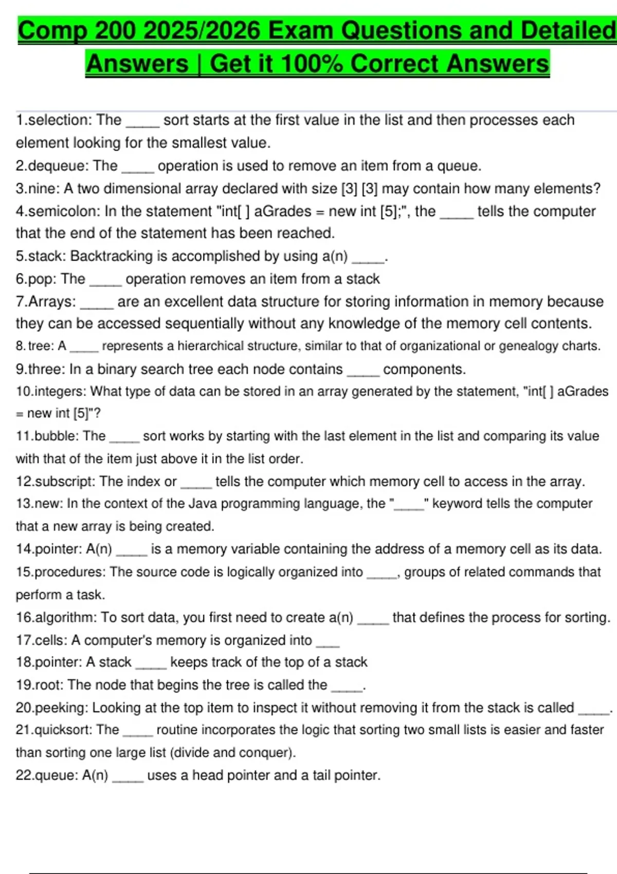 COMP 200 | 2025/2026 Exam | 75 Questions | Data Structures, Java, OS ...