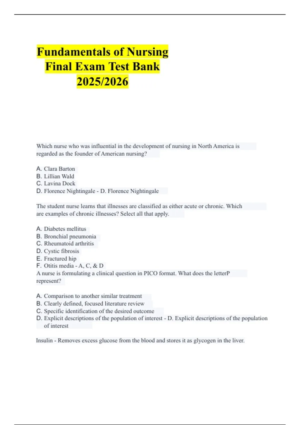 Fundamentals of Nursing Final Exam Test Bank 2025/2026 - Fundamentals ...