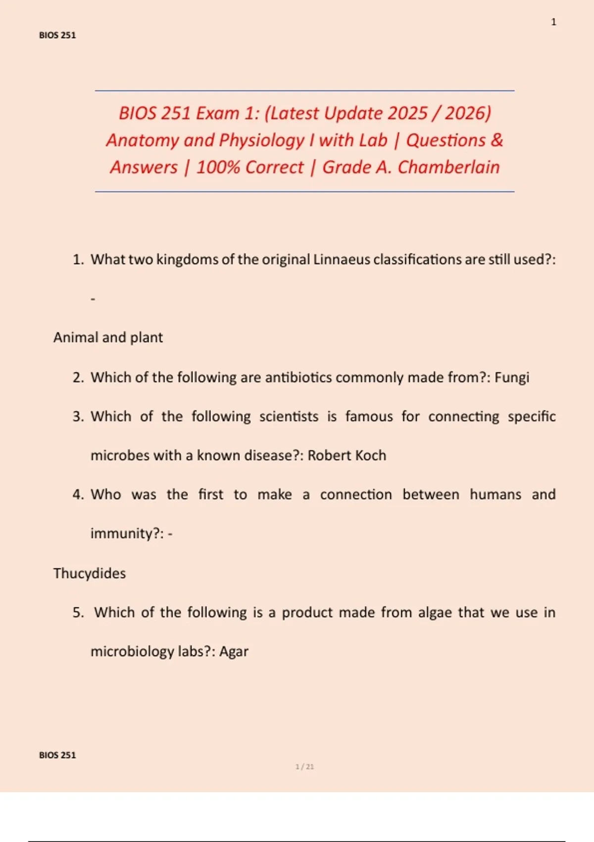 BIOS 251 Exam 1 – Anatomy and Physiology I with Lab (Chamberlain ...