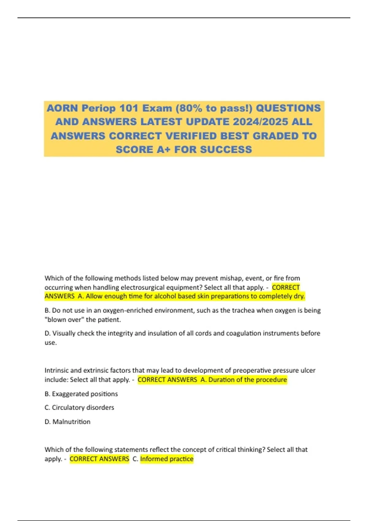 AORN Periop 101 Exam Questions and Answers | Latest Updated Study Guide ...