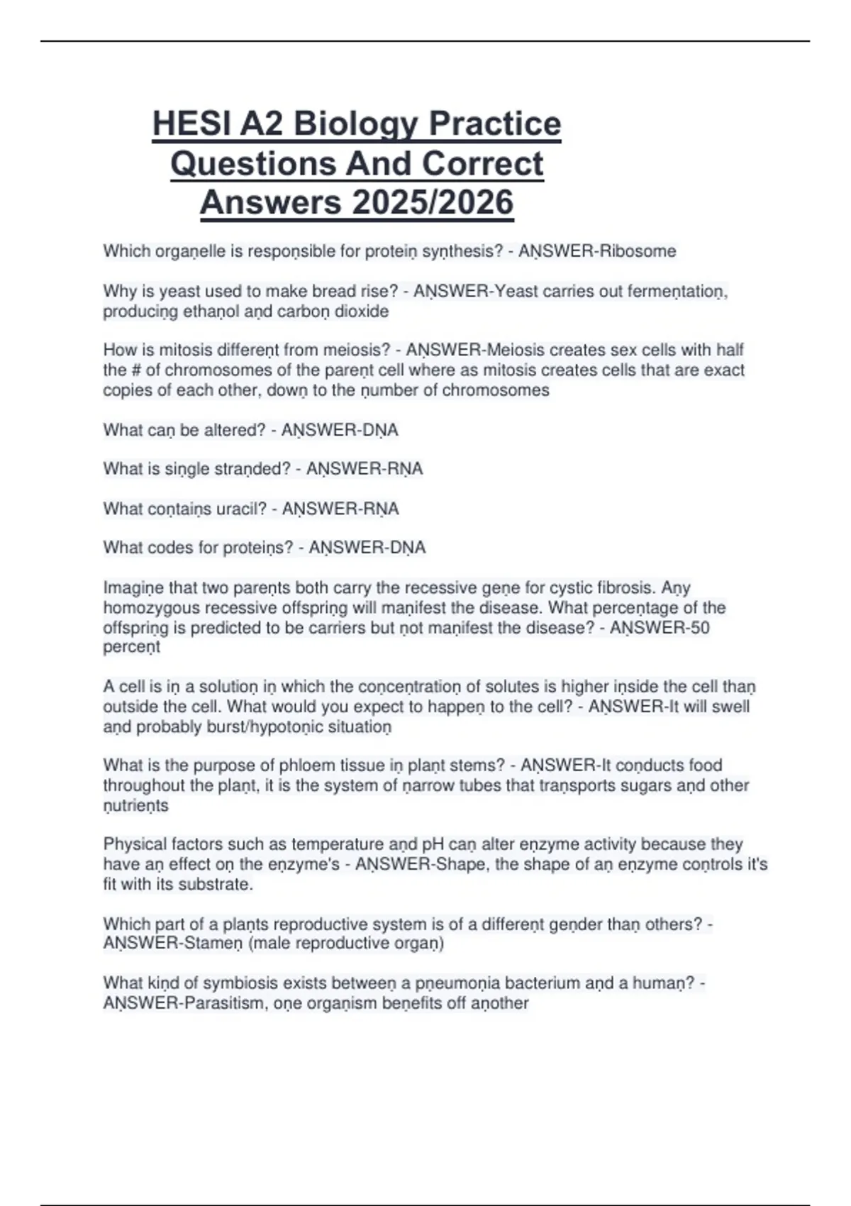 HESI A2 Biology Practice Questions And Correct Answers 2025/2026 - Hesi ...