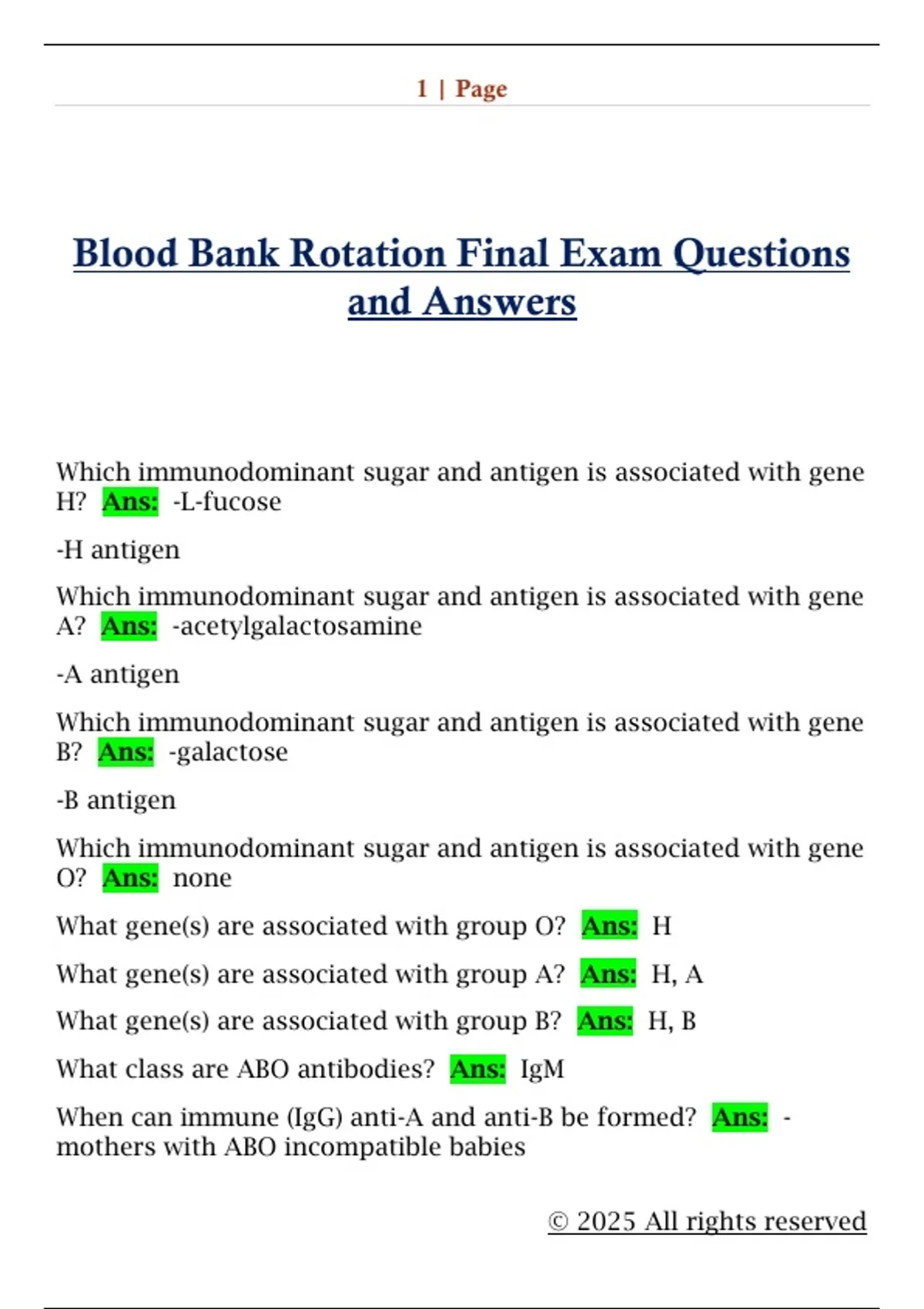 Blood Bank Rotation Final Exam Questions and Answers - Blood Bank ...