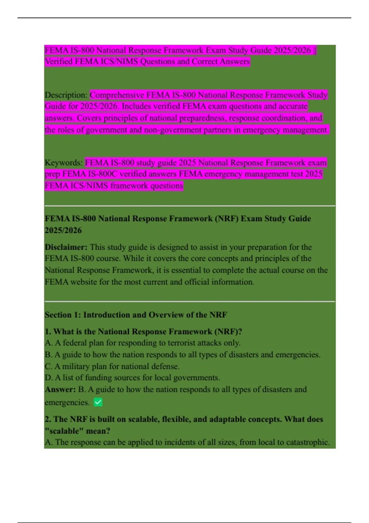 FEMA IS-800 National Response Framework Exam Study Guide 2025/2026 ...