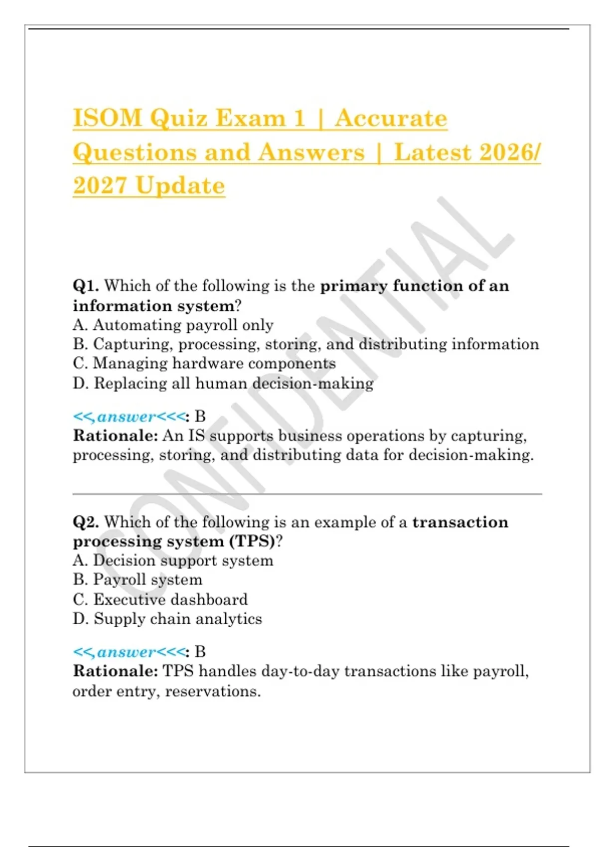 Ifom 1 Question Example ISOM Quiz Exam 1 | Accurate Questions and Answers | Latest 2026/ 2027 ...