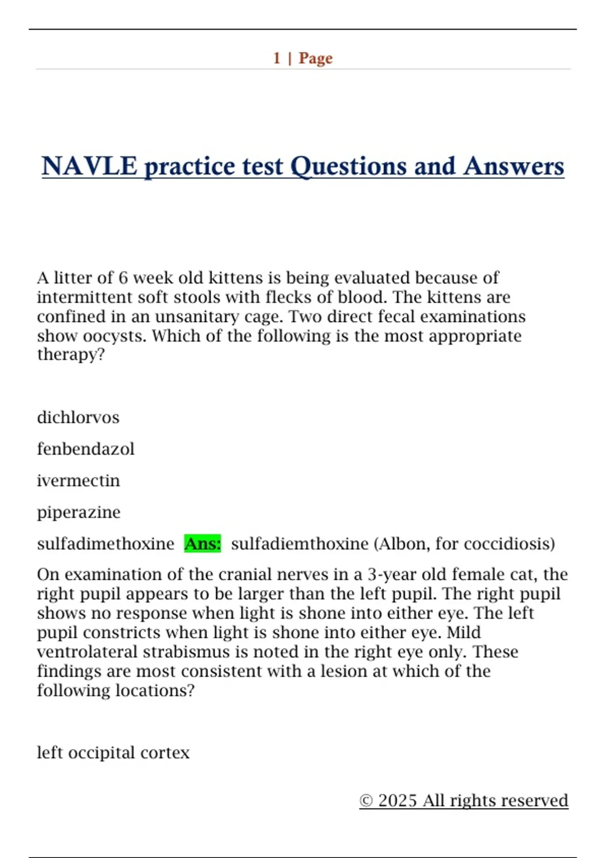 Navle Sample Question NAVLE practice test Questions and Answers - NAVLE - Stuvia US
