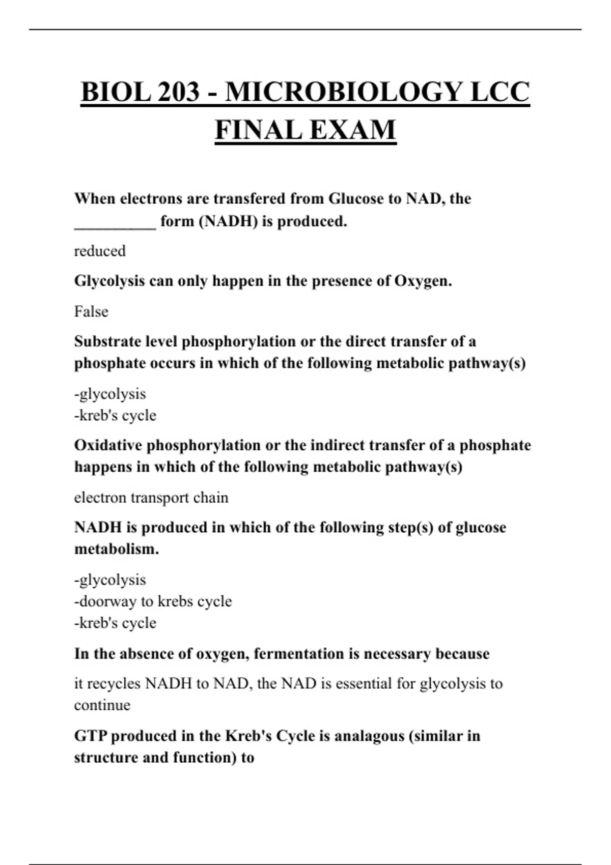 BIOL 203 - MICROBIOLOGY LCC FINAL EXAM QUESTIONS AND ANSWERS 2025 ...