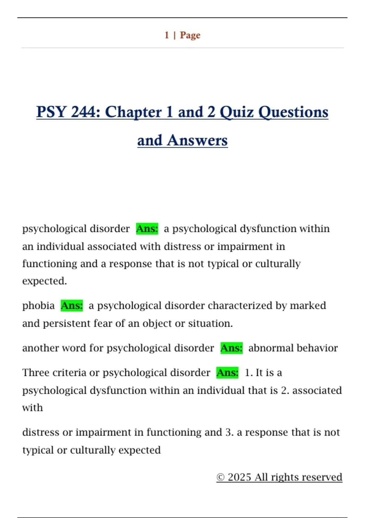 PSY 244: Chapter 1 and 2 Quiz Questions and Answers - PSY 244 - Stuvia US