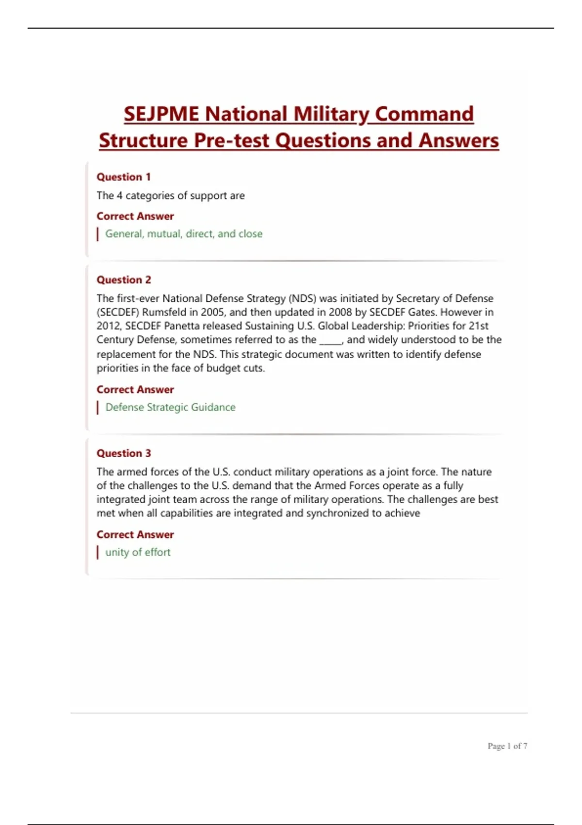 SEJPME National Military Command Structure Pre-test Questions and ...