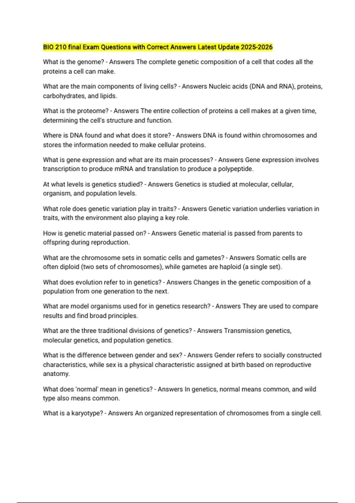 BIO 210 final Exam Questions with Correct Answers Latest Update - BIO ...