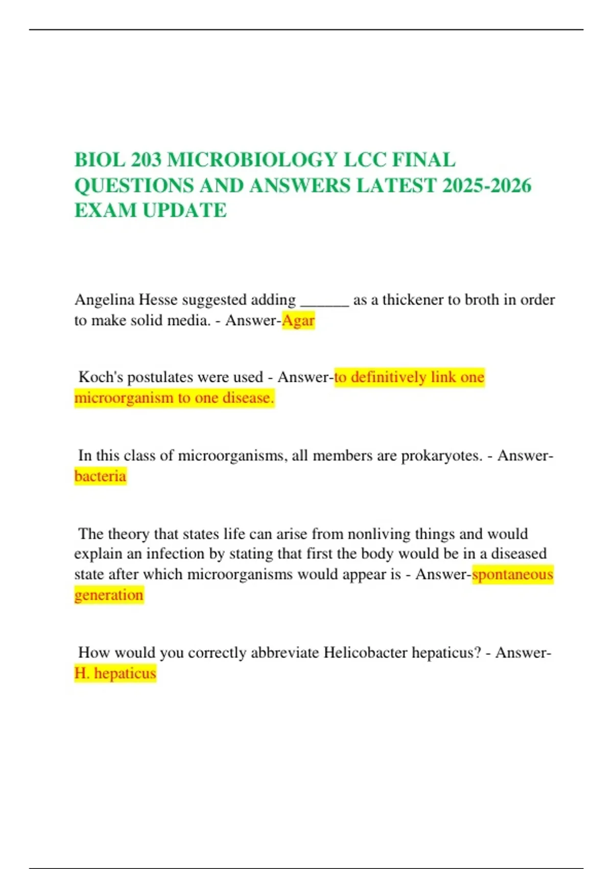 BIOL 203 MICROBIOLOGY LCC FINAL QUESTIONS AND ANSWERS LATEST EXAM ...