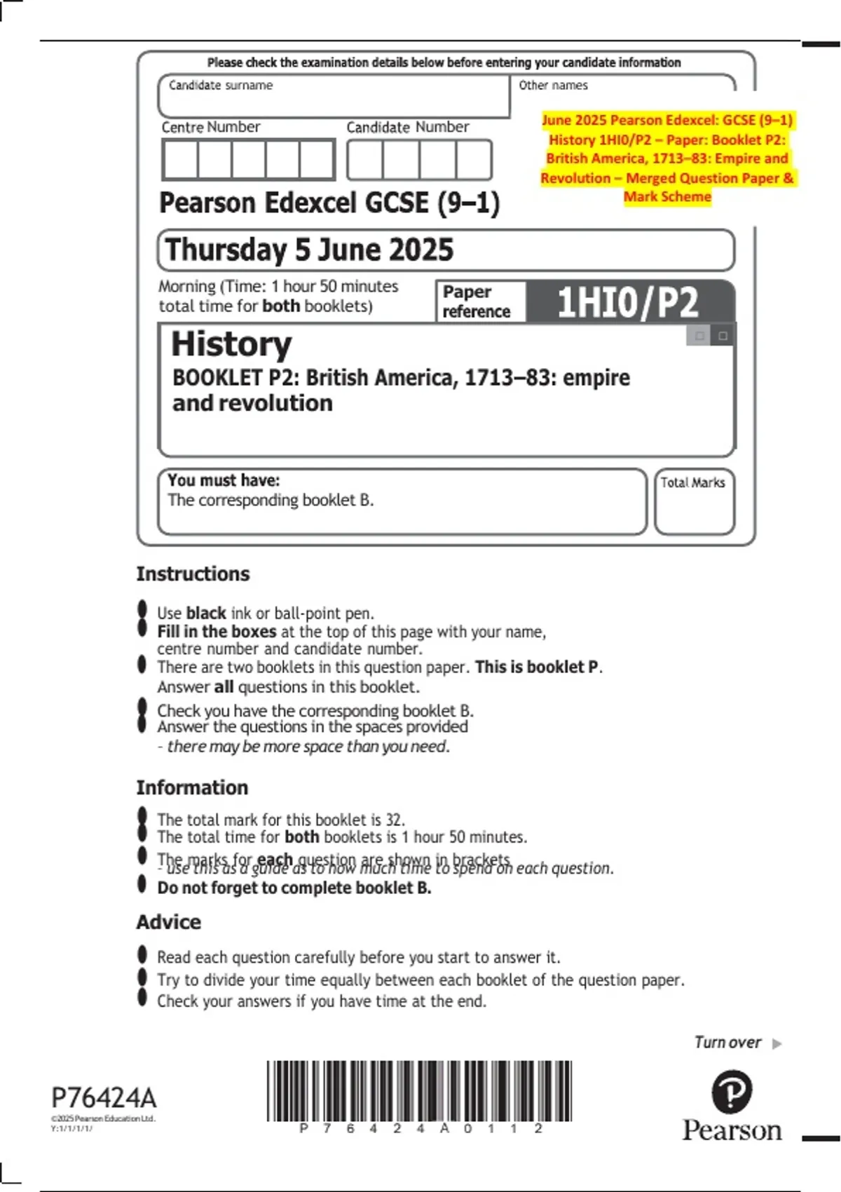 June 2025 Pearson Edexcel: GCSE (9–1) History 1HI0/P2 – Paper: Booklet ...