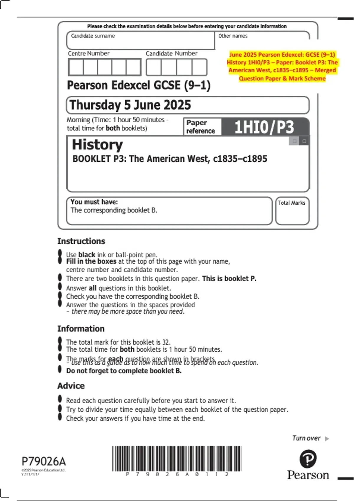 June 2025 Pearson Edexcel: GCSE (9–1) History 1HI0/P3 – Paper: Booklet ...