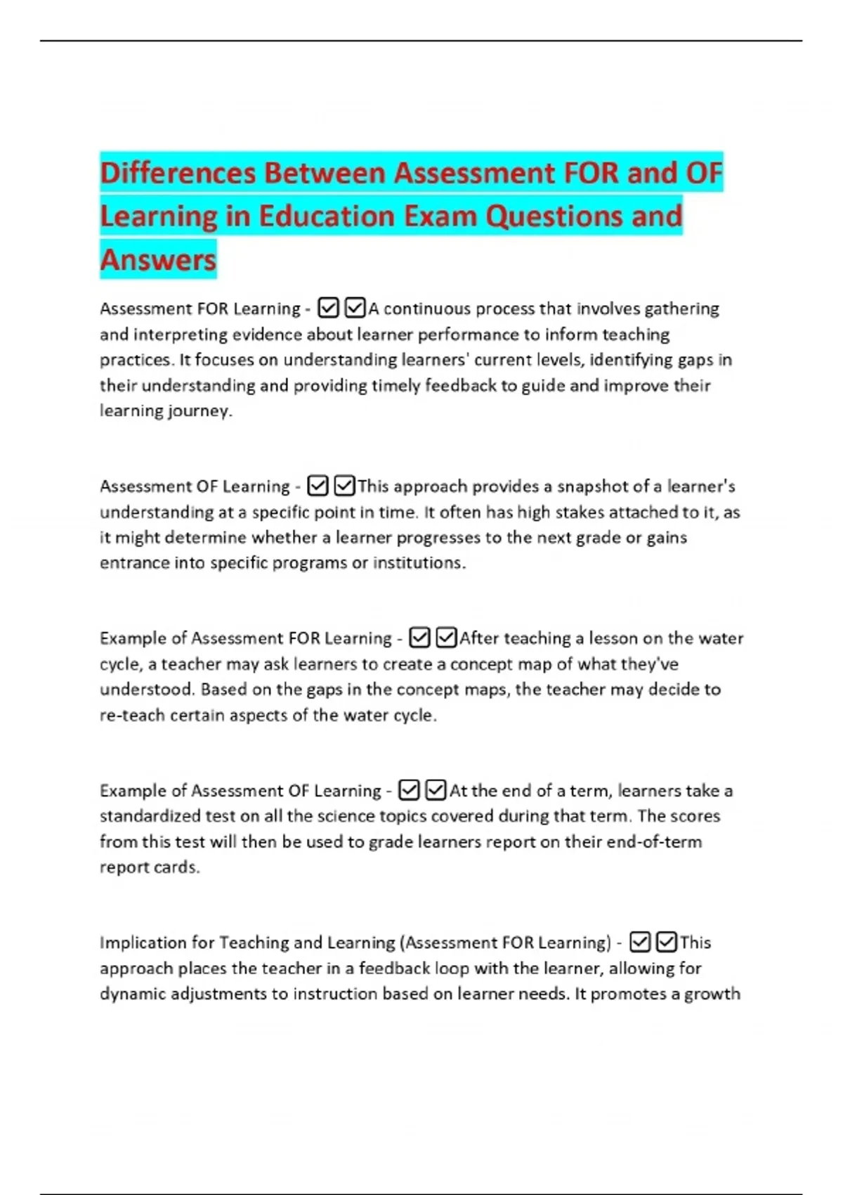 Differences Between Assessment FOR and OF Learning in Education Exam ...