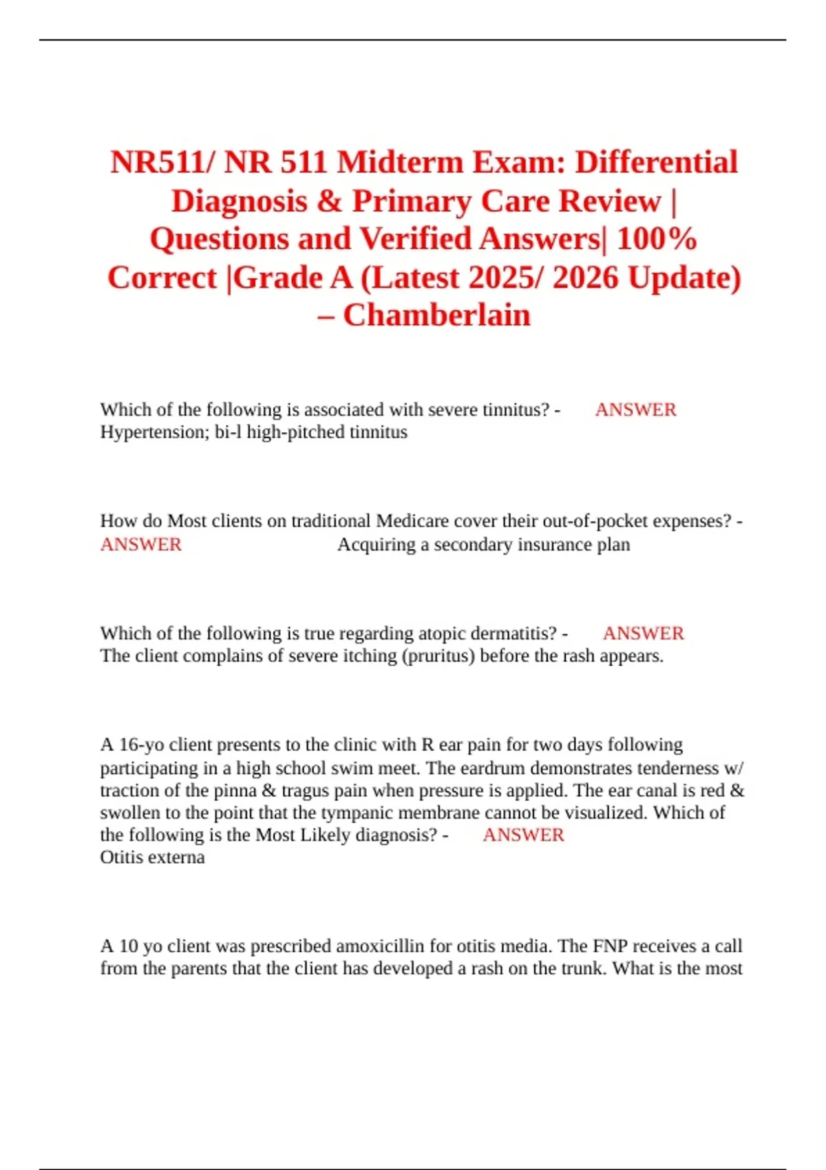 D 511 NR511/ NR 511 Midterm Exam: Differential Diagnosis & Primary Care ...