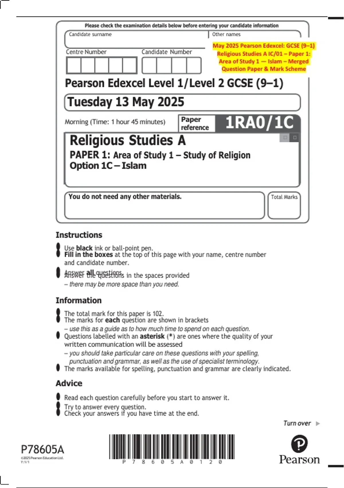 Ic 01.pdf May 2025 Pearson Edexcel: GCSE (9–1) Religious Studies A IC/01 – Paper ...