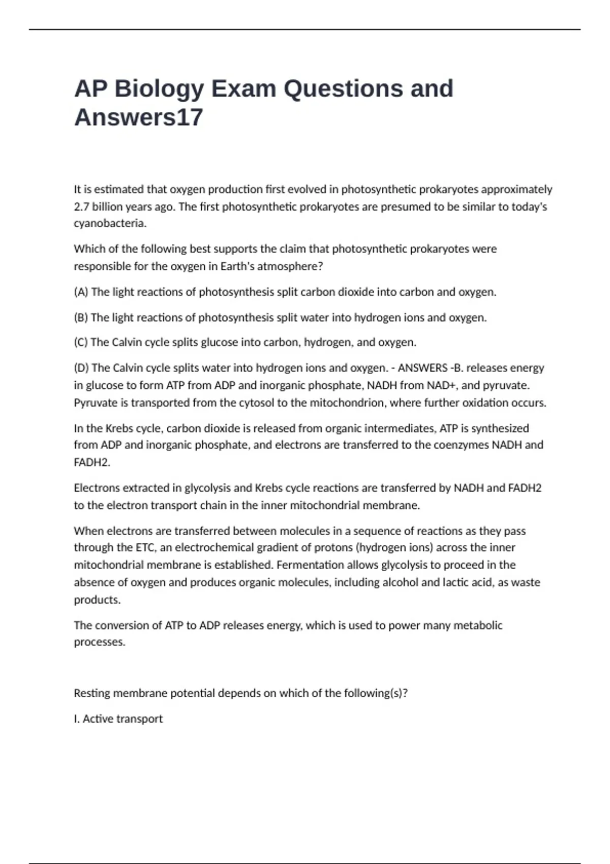 AP Biology Exam Questions and Answers - AP Biology - Stuvia US
