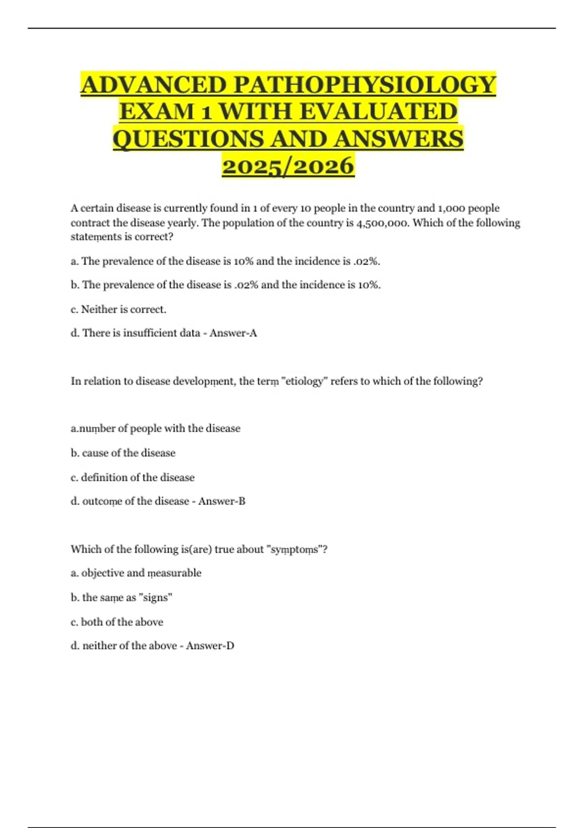Advanced Pathophysiology Exam 1 – Evaluated Questions and Answers (2025 ...