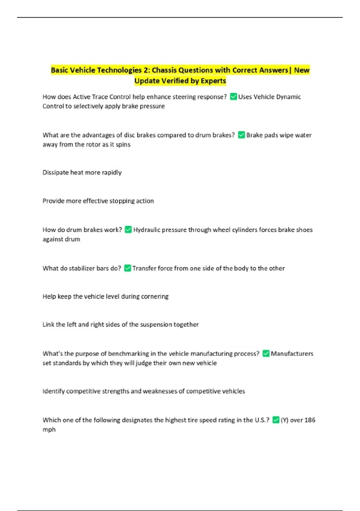 Basic Vehicle Technologies 2: Chassis Questions with Correct Answers ...