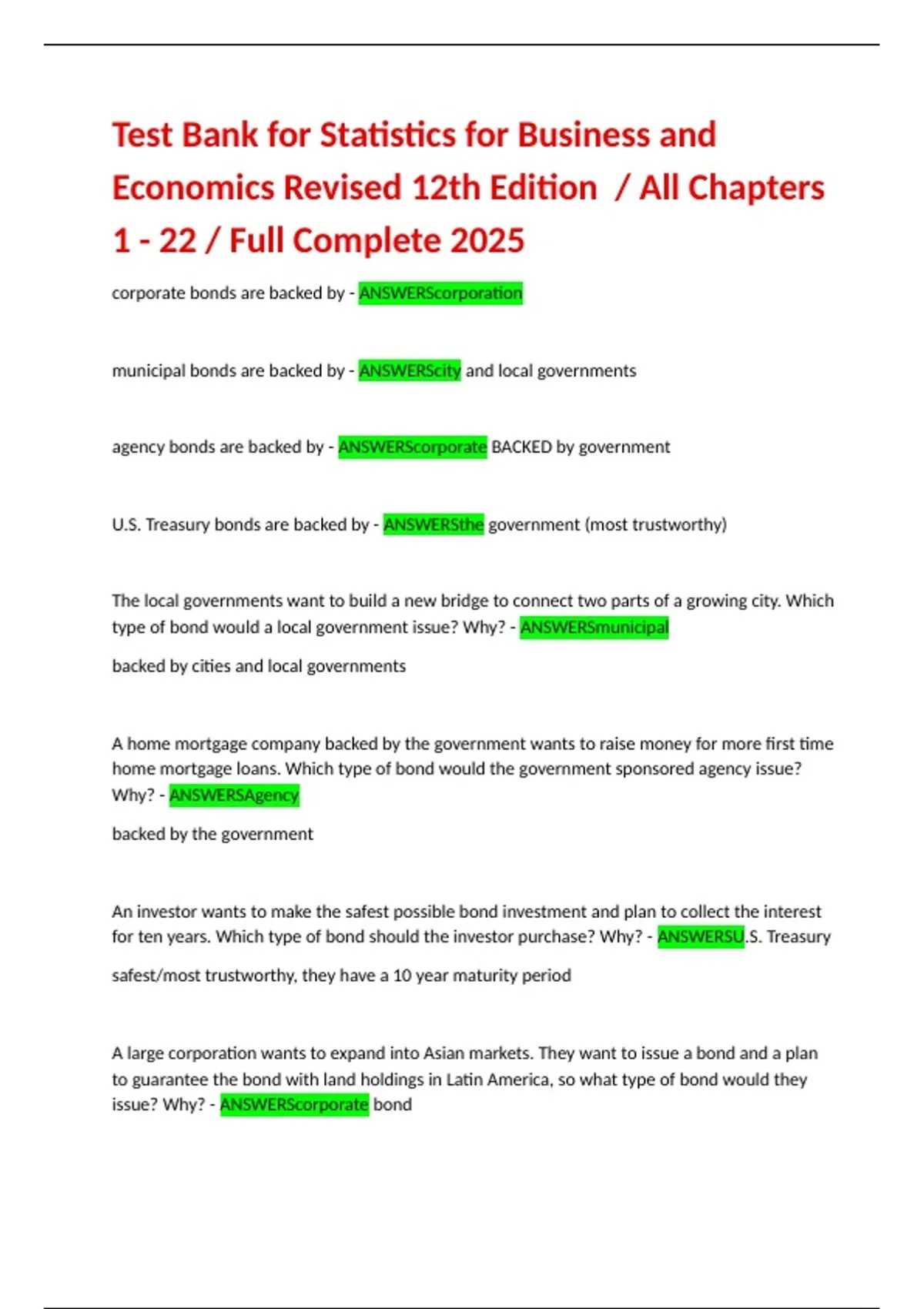 All Chapters Test Bank for Statistics for Business and Economics Revised 12th ...