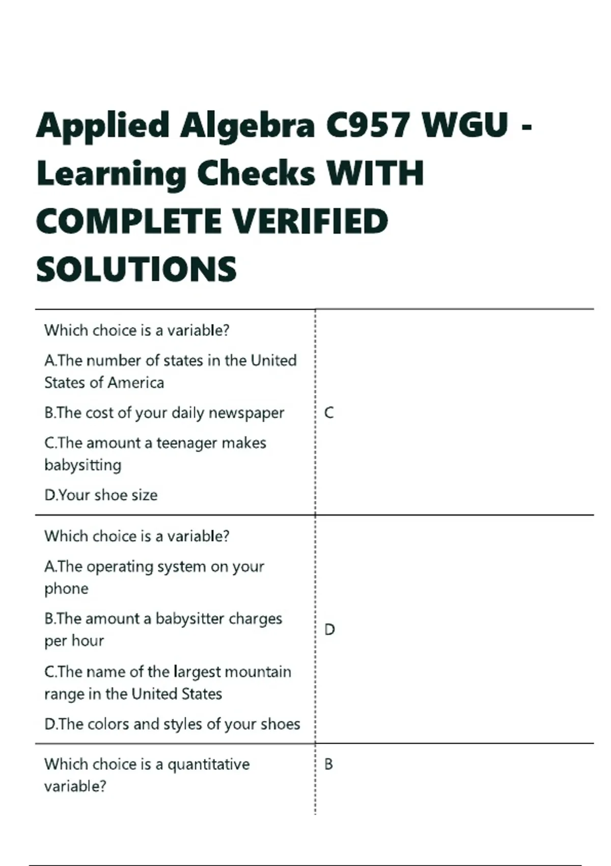 Applied Algebra C957 WGU - Learning Checks WITH COMPLETE VERIFIED ...