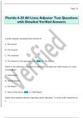 Florida 6-20 All Lines Adjuster Test Questions  with Detailed Verified Answers