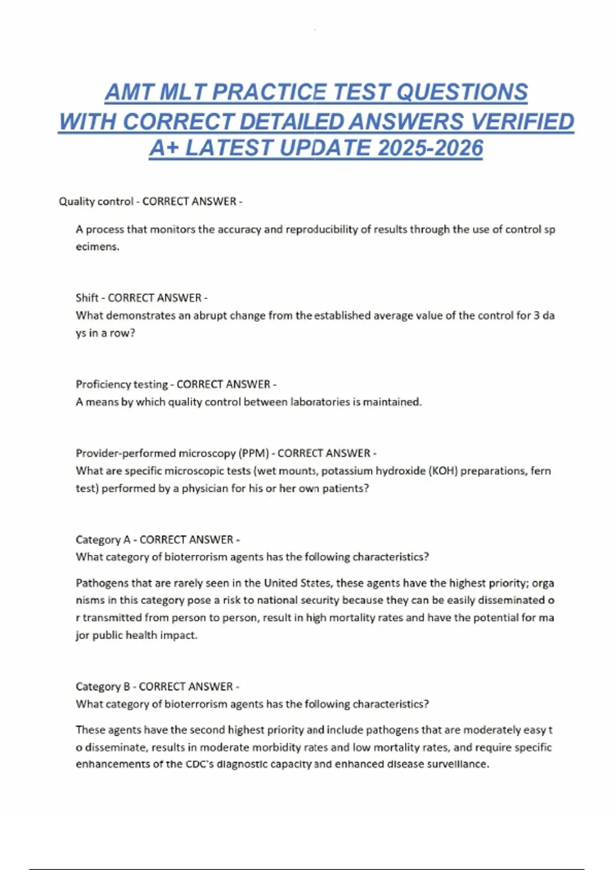 AMT MLT PRACTICE TEST QUESTIONS WITH CORRECT DETAILED ANSWERS VERIFIED ...
