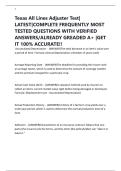 Texas All Lines Adjuster Test&vert; LATEST&vert;COMPLETE FREQUENTLY MOST TESTED QUESTIONS WITH VERIFIED ANSWERS&sol;ALREADY GREADED A&plus; &vert;GET IT 100&percnt; ACCURATE&excl;&excl;