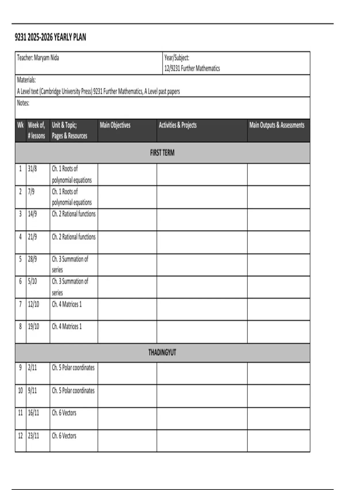 Summary A level-9231 Further Mathematics Program of study - Mathematics ...