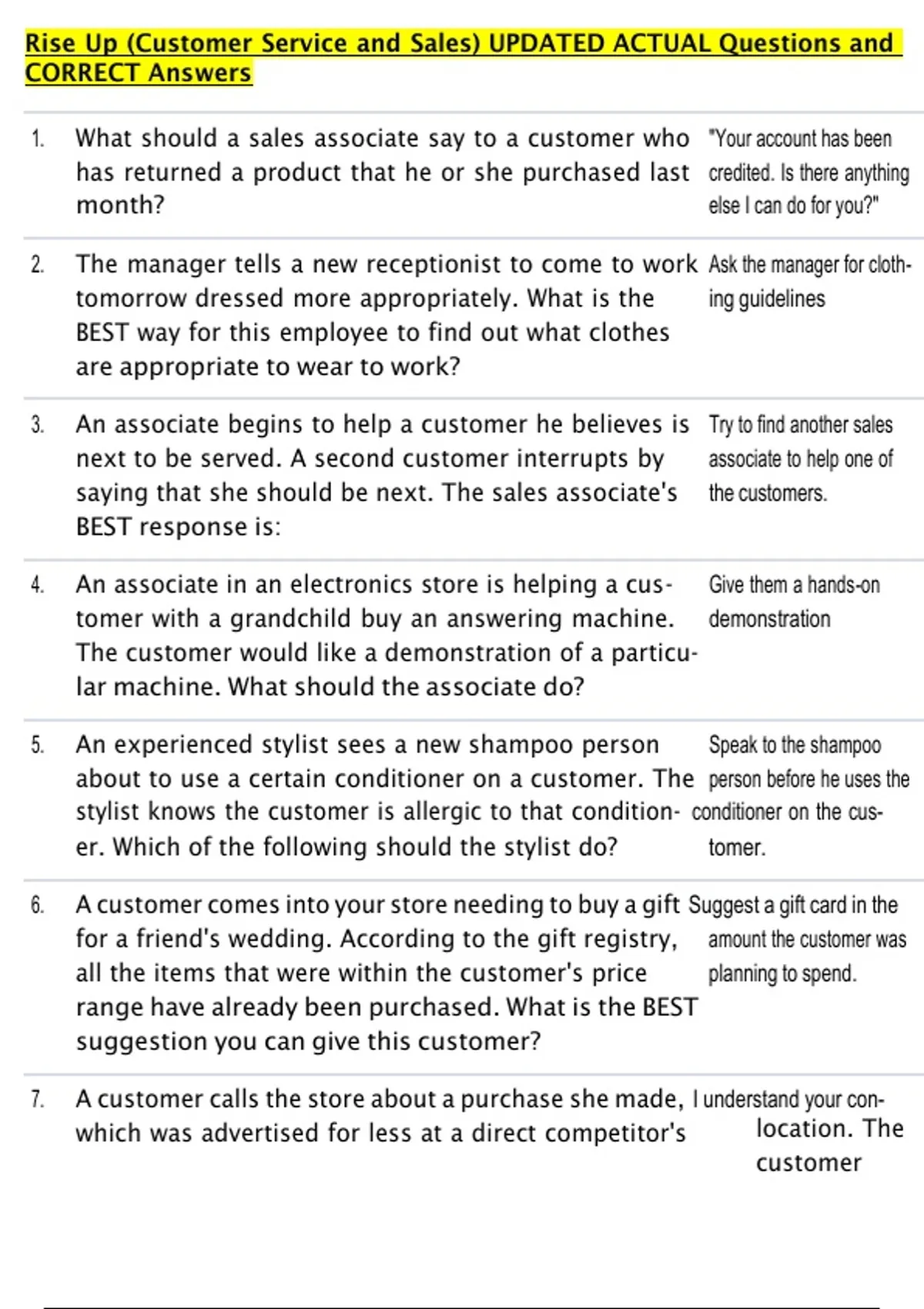 Customer Service Ticket Rises Rise Up (Customer Service and Sales) UPDATED ACTUAL Questions and ...