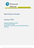 Pearson Edexcel GCSE In Turkish &lpar;1TU0&rpar; Paper 1F Listening and understanding in Turkish Mark Scheme &lpar;Results&rpar; Summer 2025