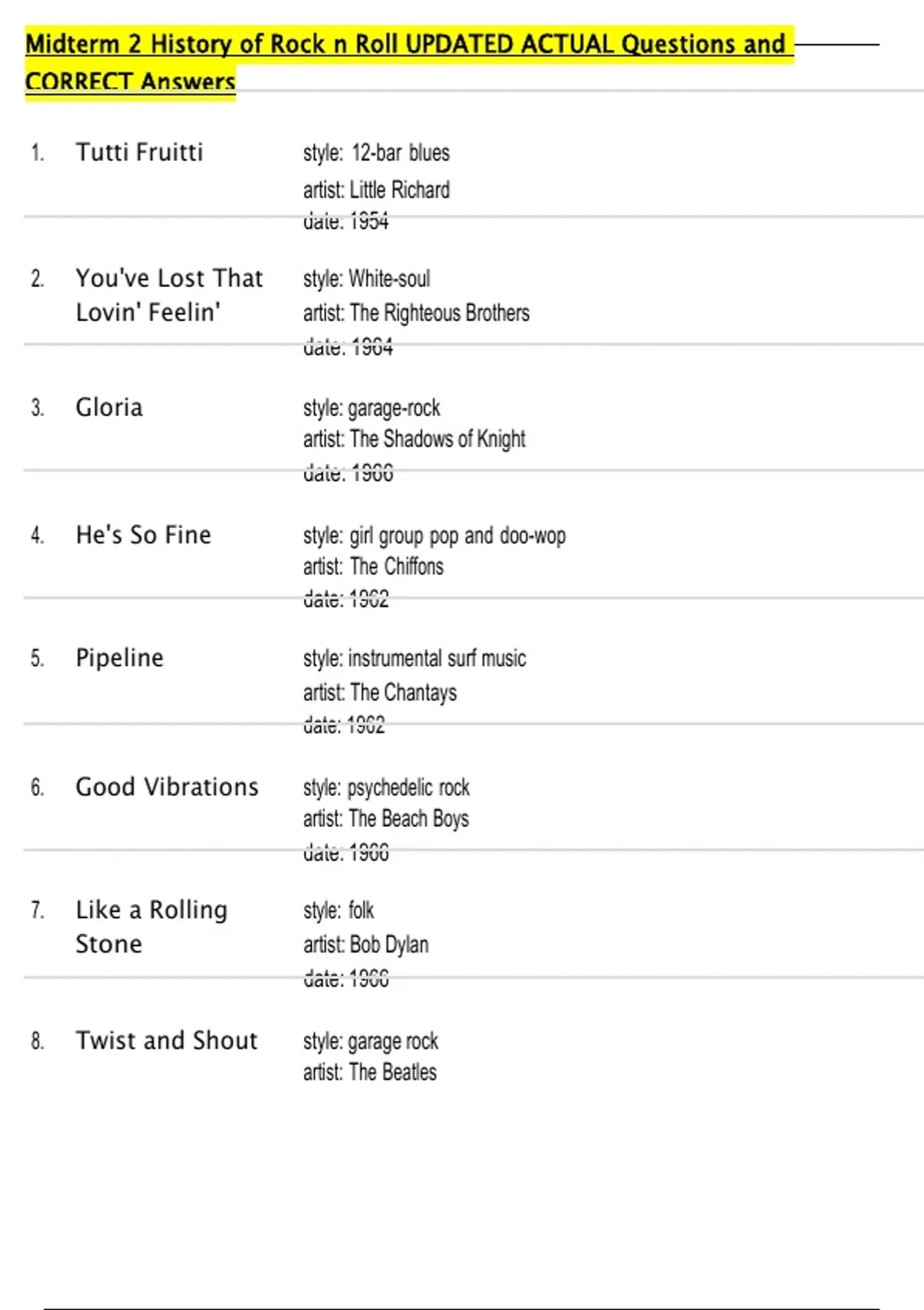 Midterm 2 History of Rock n Roll UPDATED ACTUAL Questions and CORRECT ...