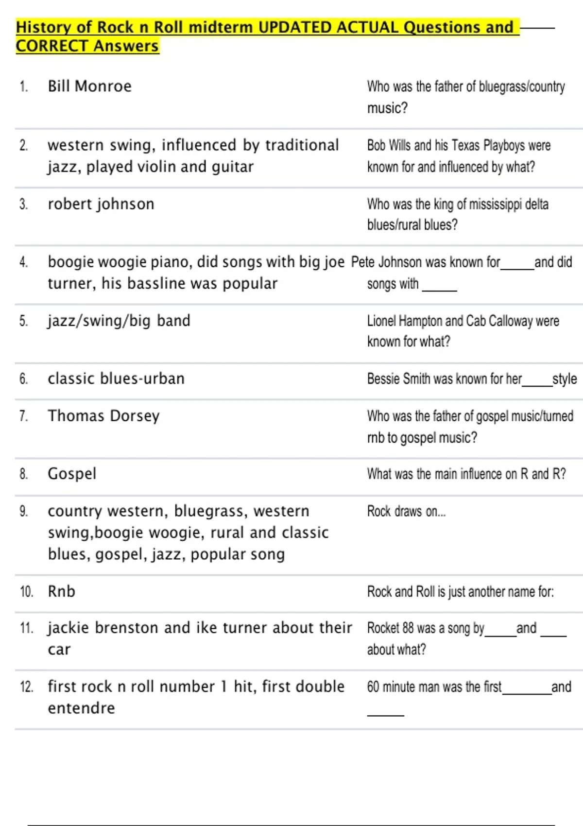 History of Rock n Roll midterm UPDATED ACTUAL Questions and CORRECT ...