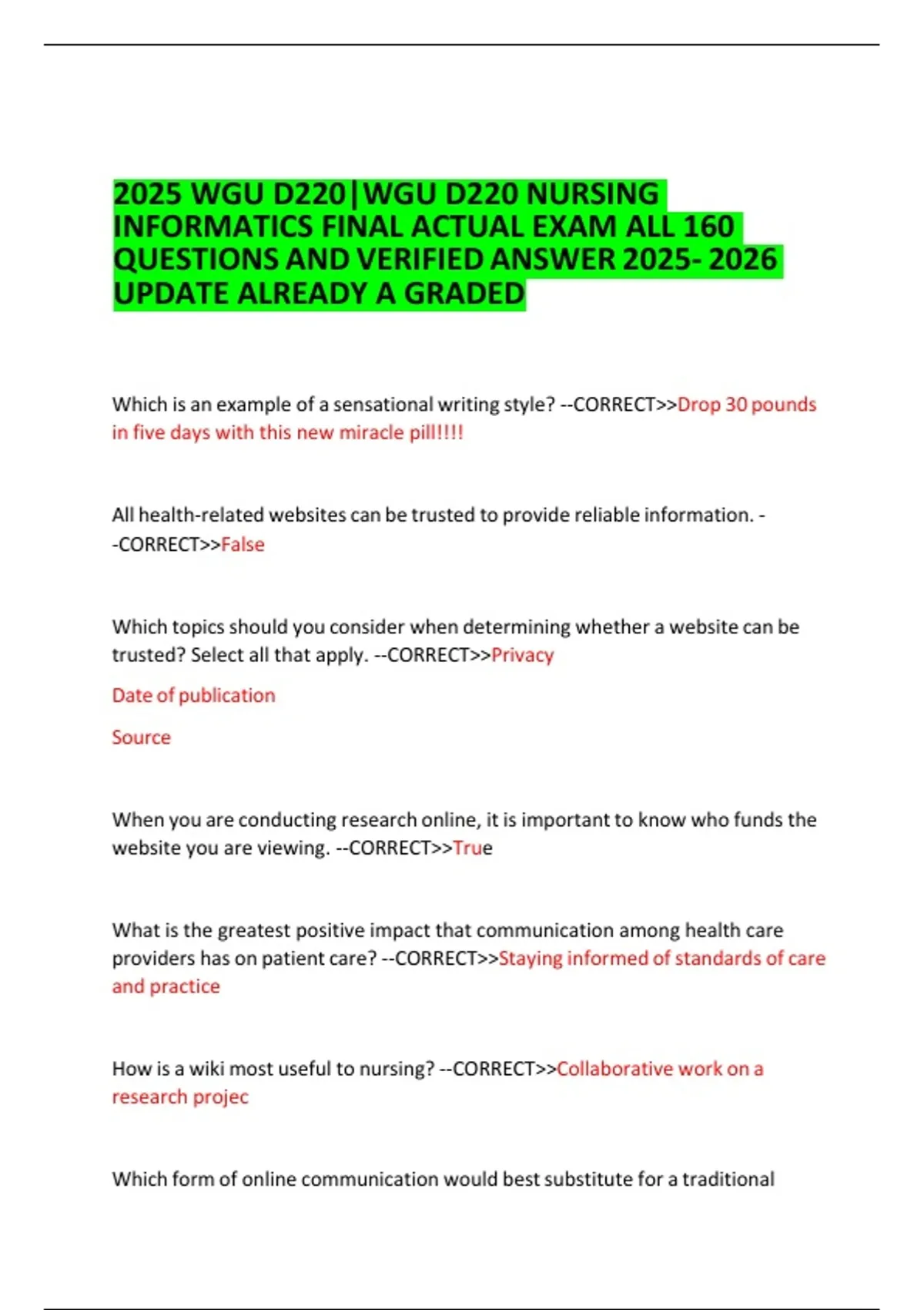 WGU D220 Nursing Informatics – Final Exam (All 160 Verified Questions ...