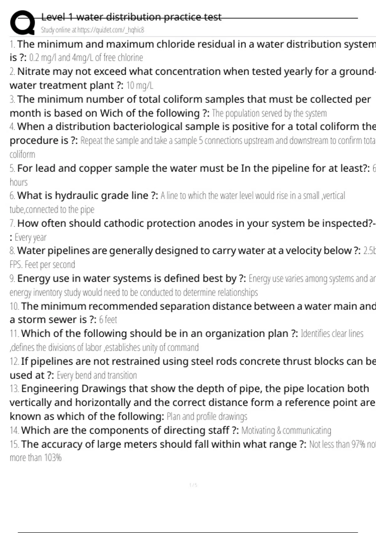 Level 1 water distribution practice test Exam Questions and Answers 100 ...