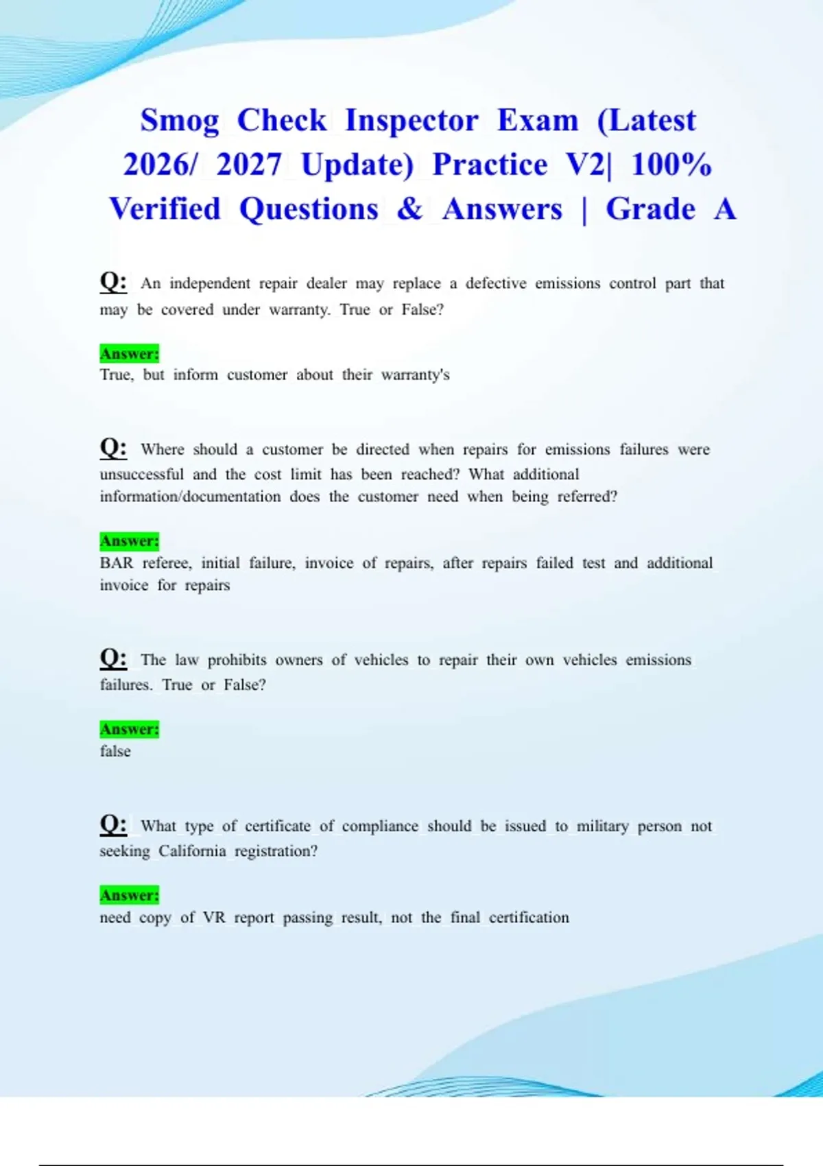 Smog Check Inspector Exam (Latest 2026/ 2027 Update) Practice V2| 100% ...