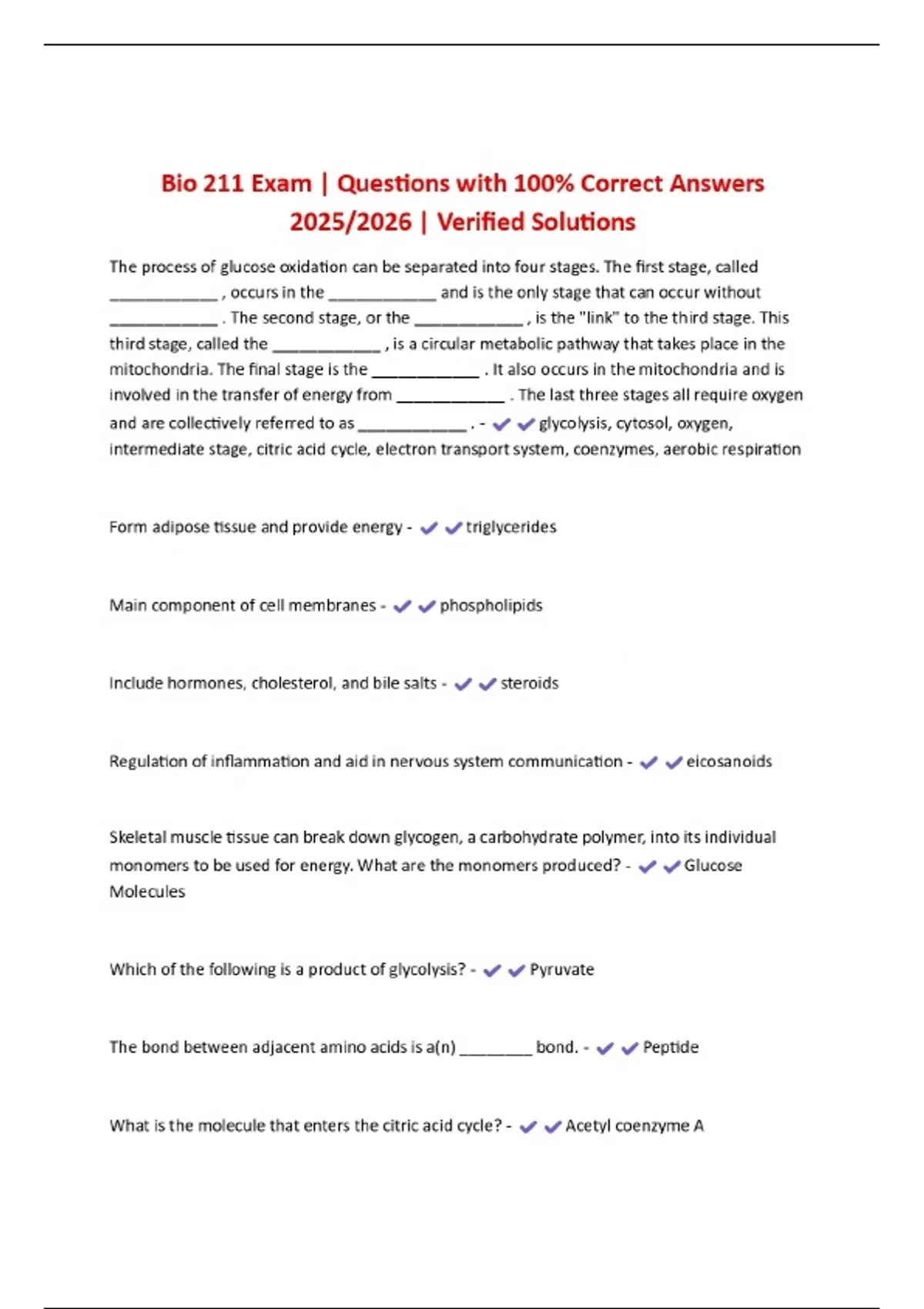 Bio 211 Exam | Questions with 100% Correct Answers 2025/2026 | Verified ...