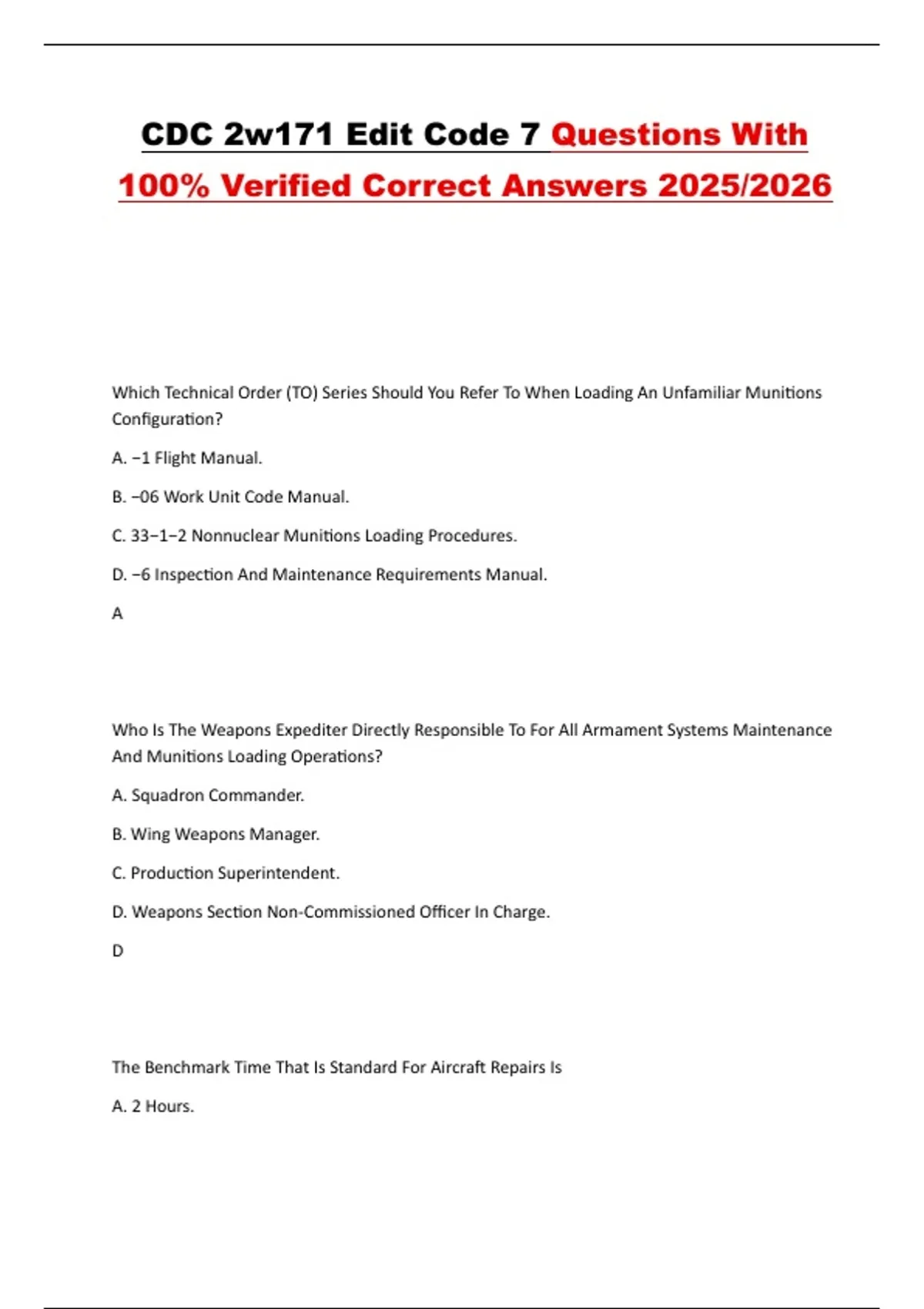 CDC 2W171 Edit Code 7 Questions With 100% Verified Correct Answers 2025 ...
