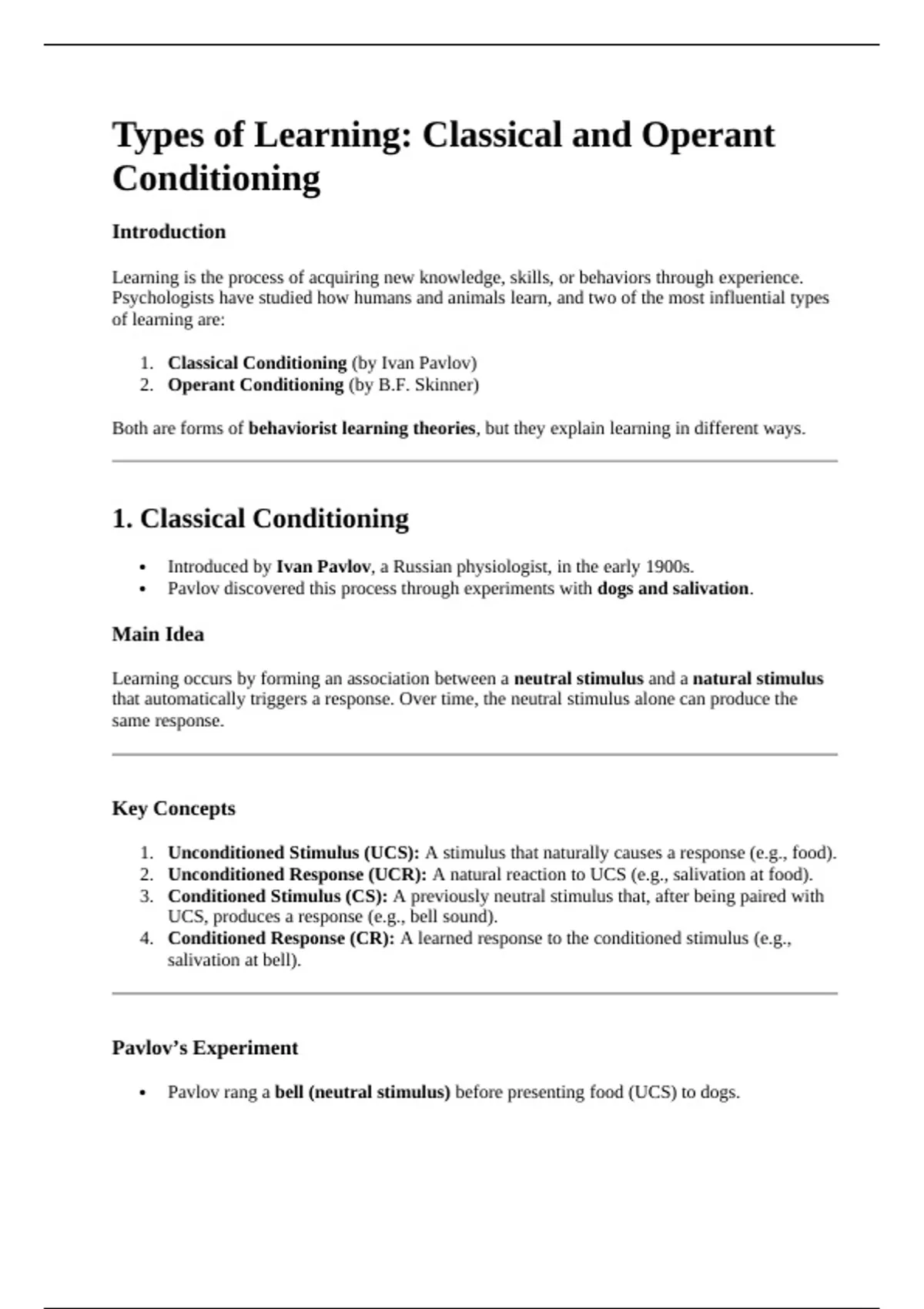 classical and operant conditioning - PS 101 - Stuvia US