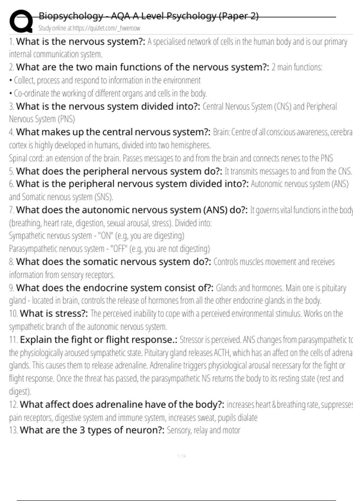 Biopsychology - AQA A Level Psychology (Paper 2) Exam Questions and ...