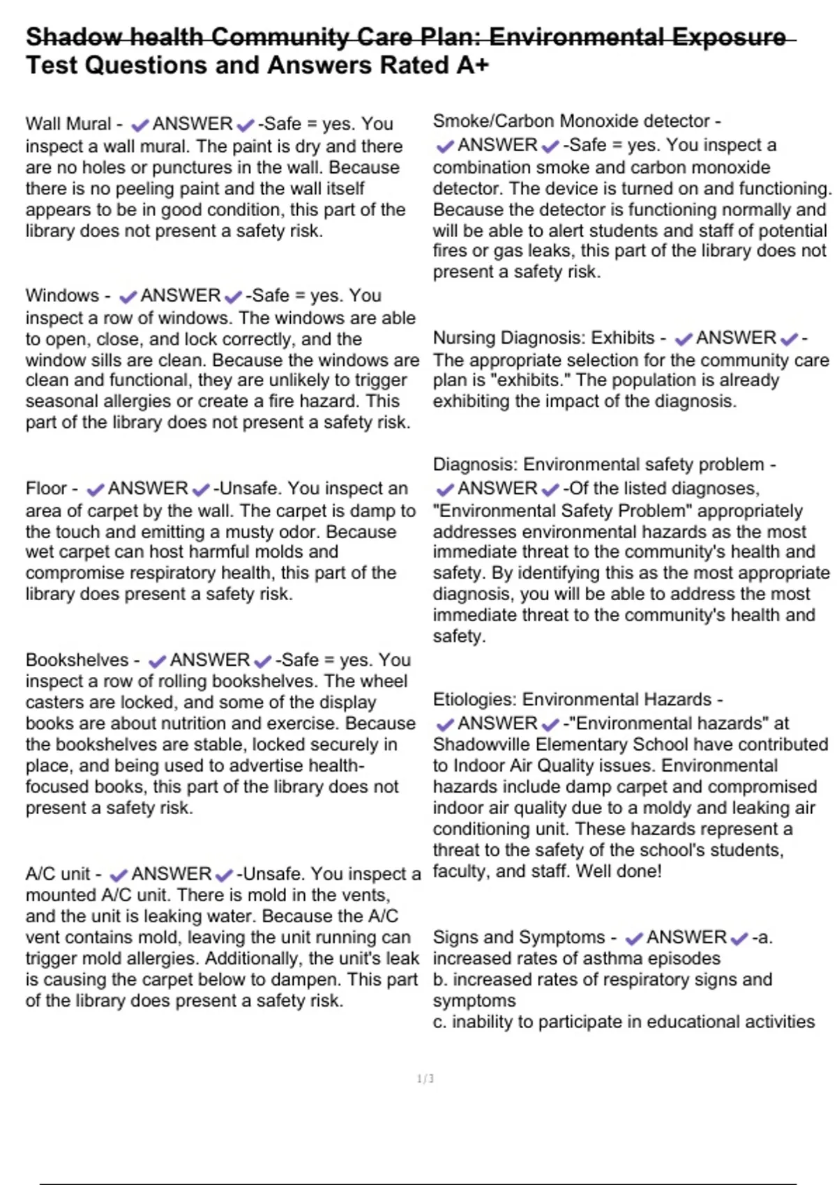 Shadow health Community Care Plan: Environmental Exposure Test ...