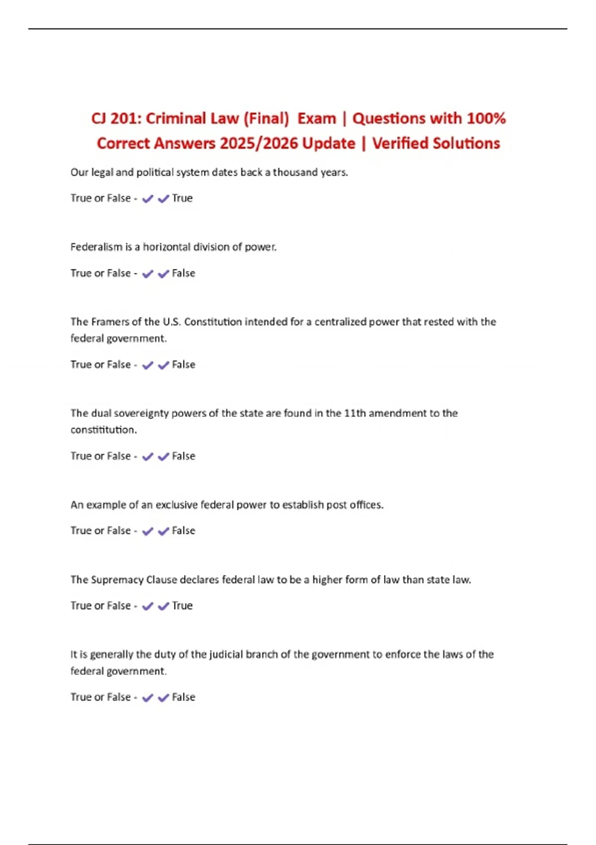 CJ 201: Criminal Law (Final) Exam | Questions with 100% Correct Answers ...