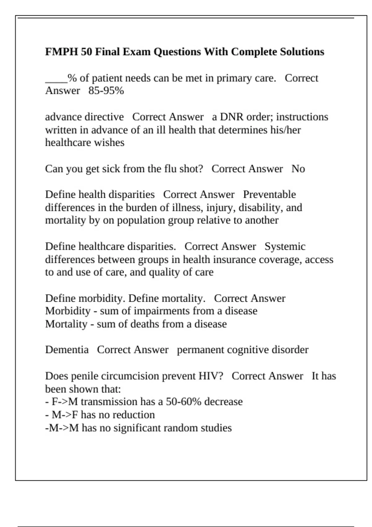 FMPH 50 Final Exam Questions With Complete Solutions - FMPH 50 - Stuvia US