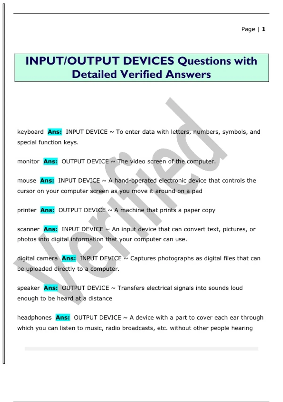 Input Questions INPUT/OUTPUT DEVICES Questions with Detailed Verified Answers - INPUT ...