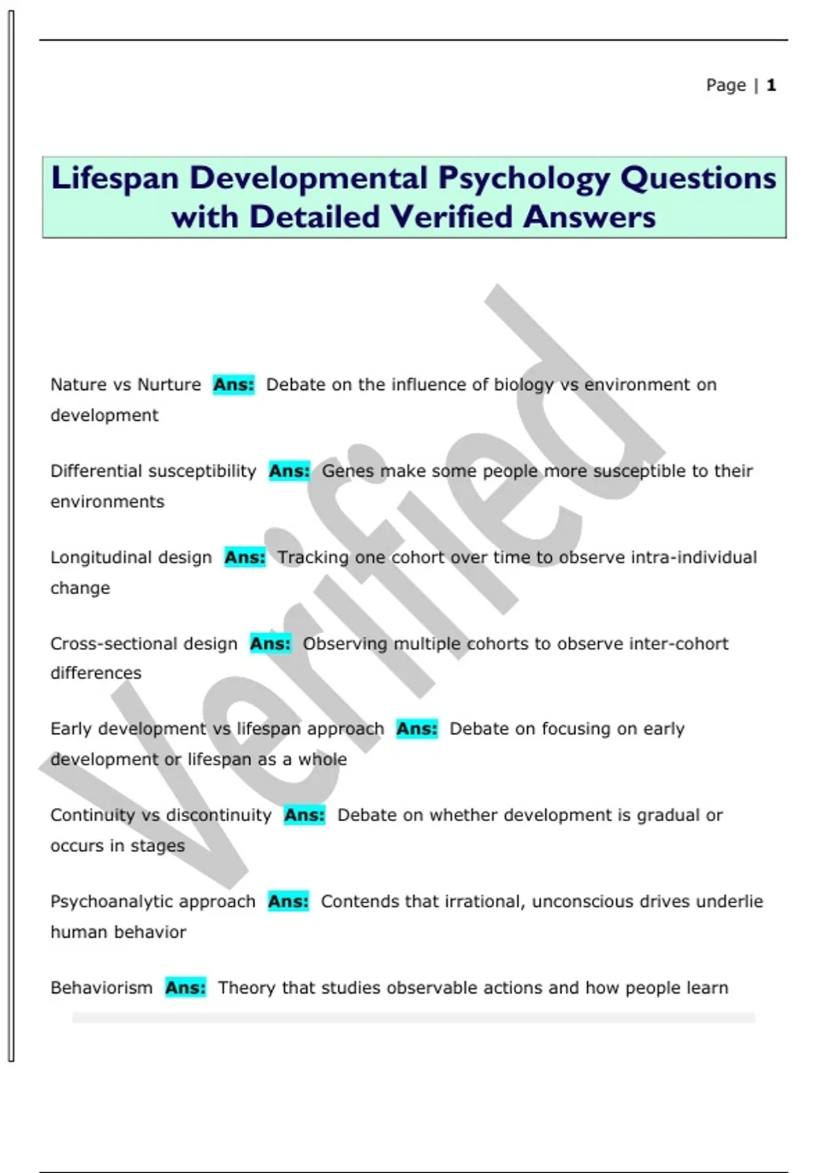 Lifespan Developmental Psychology Questions with Detailed Verified ...