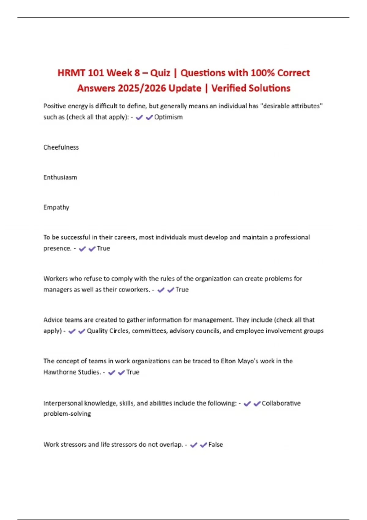 HRMT 101 Week 8 – Quiz | Questions with 100% Correct Answers 2025/2026 ...