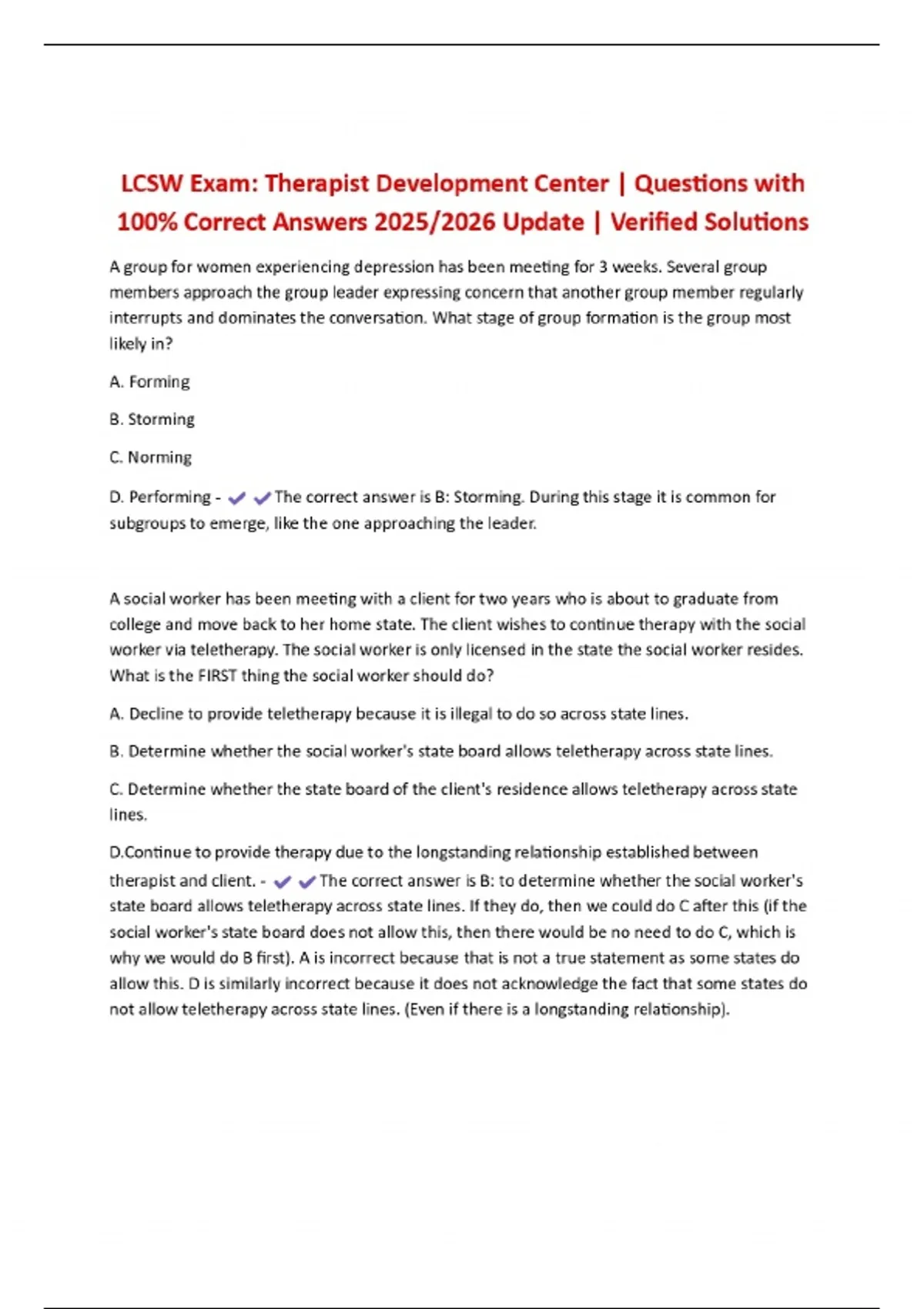 Example Lcsw Questions LCSW Exam: Therapist Development Center | Questions with 100% Correct ...