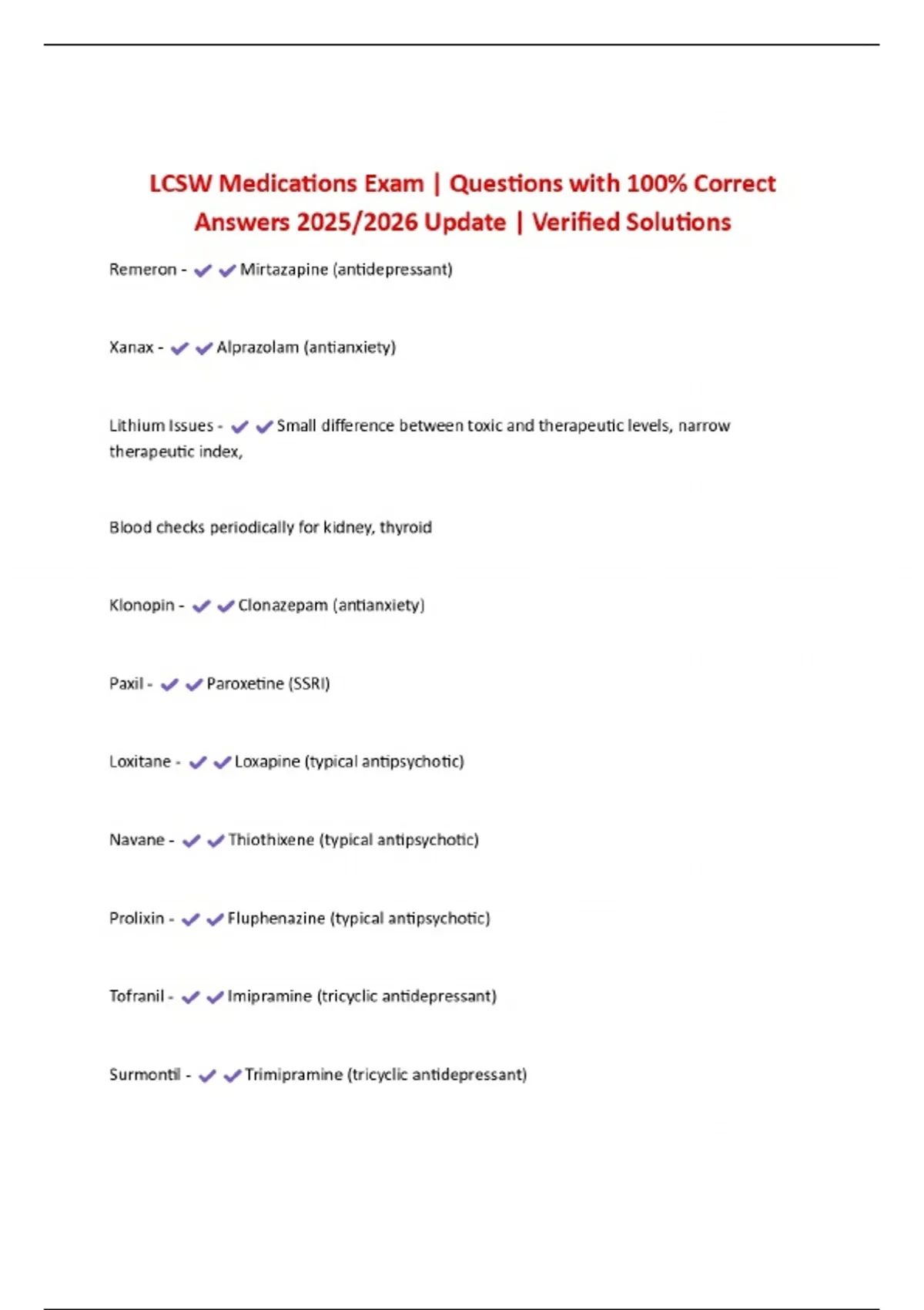 Example Lcsw Questions LCSW Medications Exam | Questions with 100% Correct Answers 2025/2026 ...