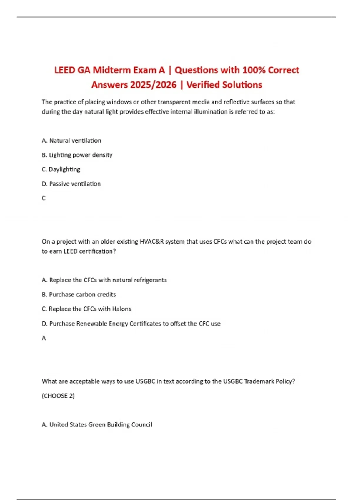 LEED GA Midterm Exam A | Questions with 100% Correct Answers 2025/2026 ...